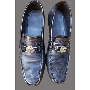 Versace Black Leather Mens Size 14 Loafers With Silver Buckle - V01 p